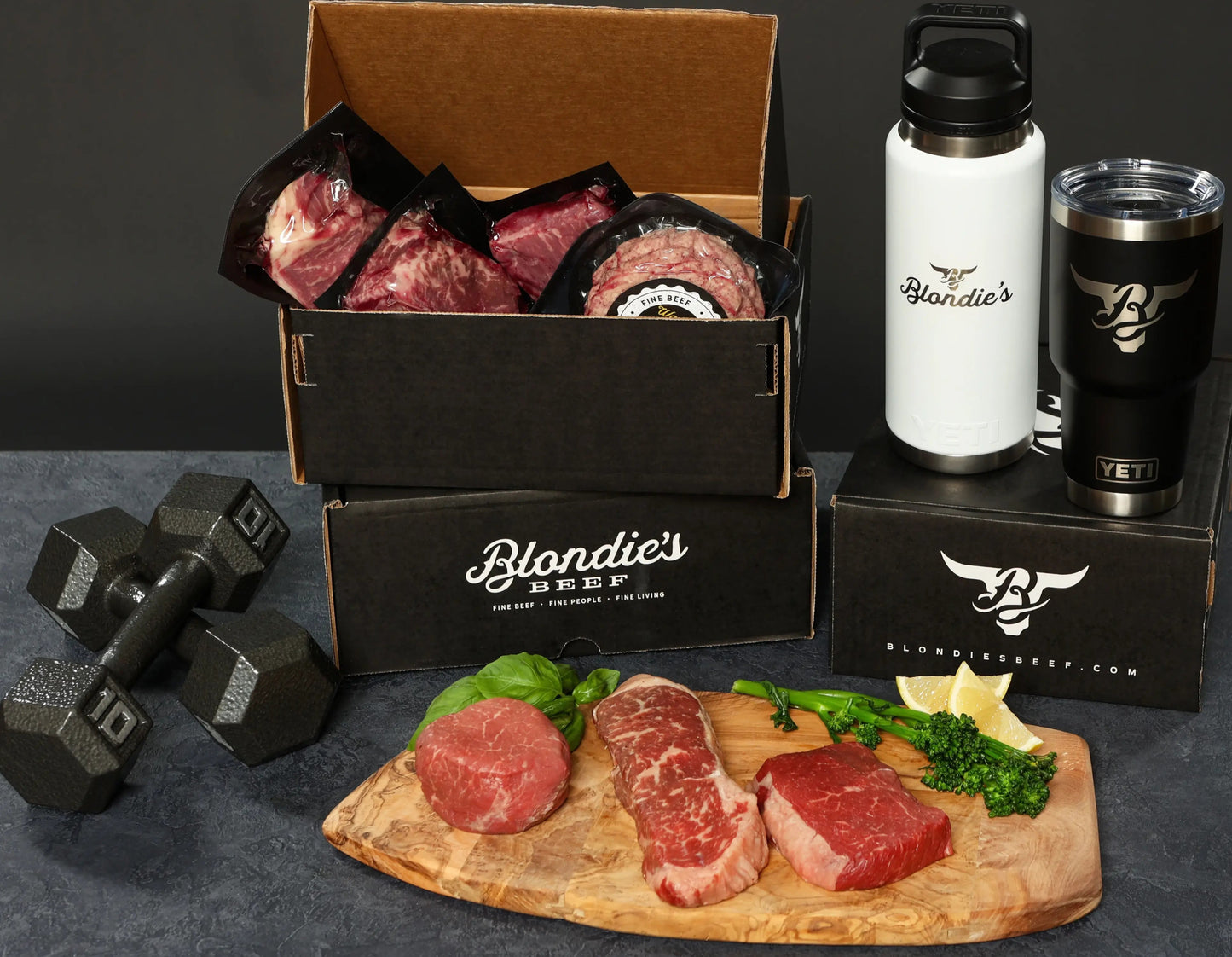 Blondie’s Beef Better For You Box featuring lean Wagyu cuts with fitness accessories and branded tumblers, highlighting a protein-rich lifestyle package.